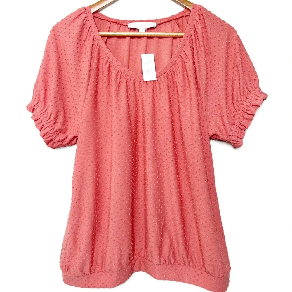 LOFT NWT Women Coral Pink Swiss Dot Short‎ Puff Sleeve Blouse Top Size M